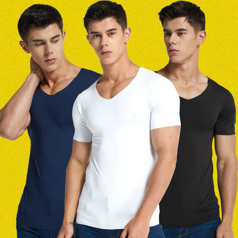Plus Size Men's V-Neck Undershirts Man Ice Silk Seamless Short Sleeves Basic Shirts Summer Sexy Fitness Body Building Underwear men underwear