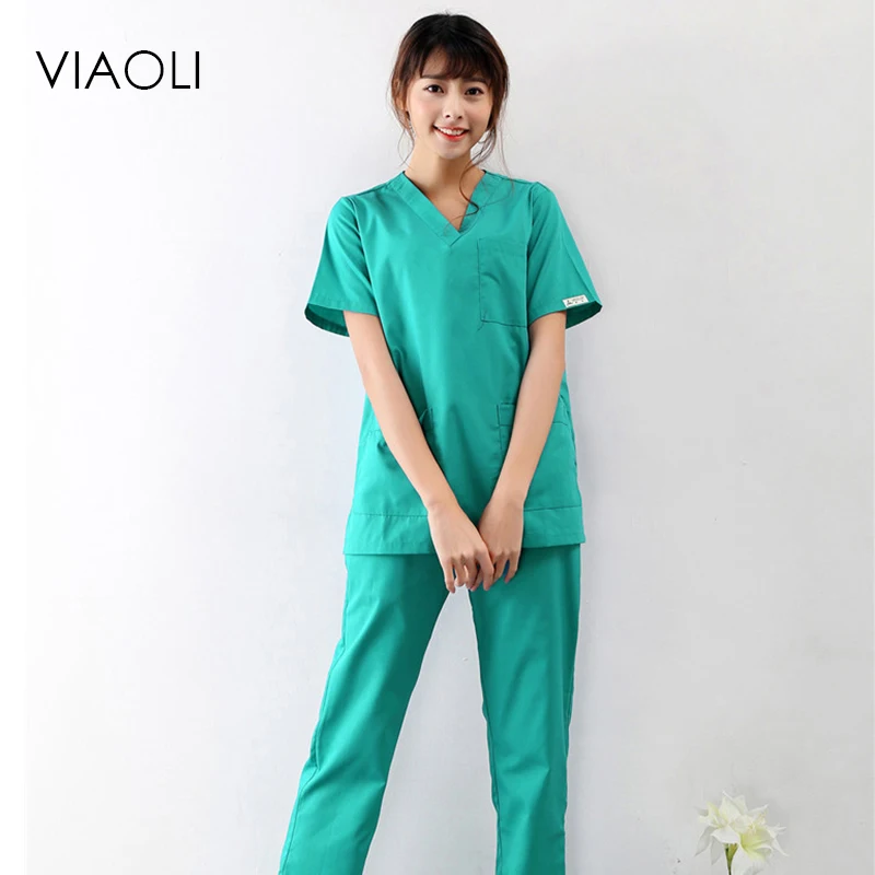Viaoli 2018 new summer short-sleeved surgical clothing men and women doctors suits split brush suit Green suit