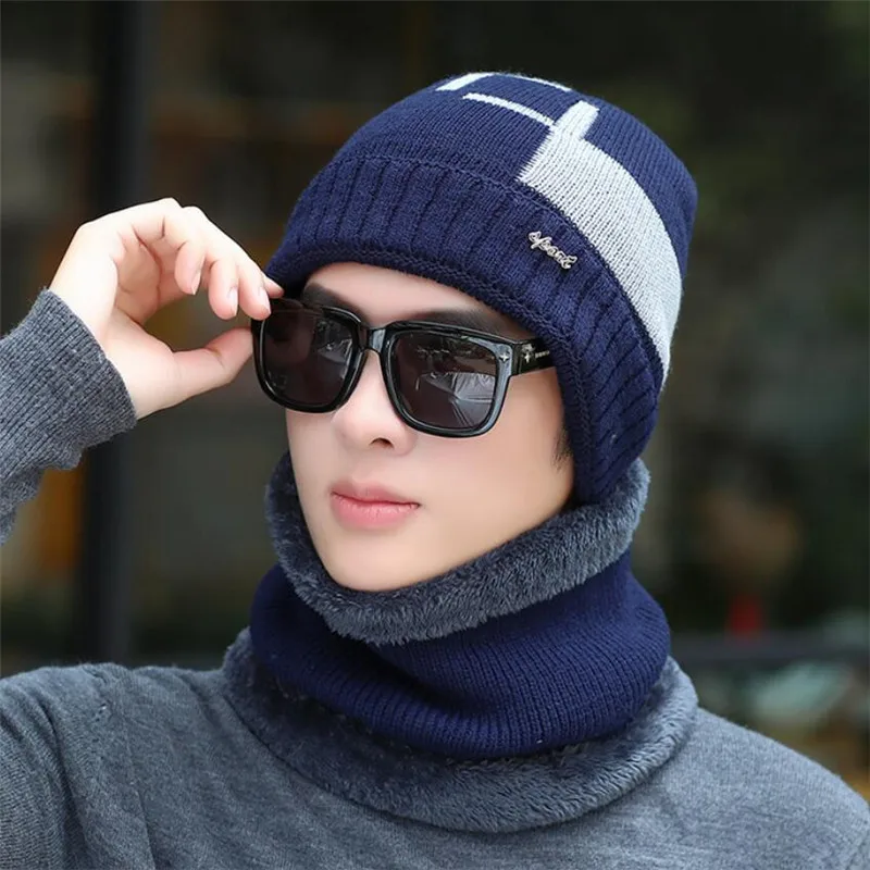 Men Winter Hat And Scarf Man Warm Knitted Plush Hat 2 Pcs Set Male Patchwork Beanies Cap With Ring Scarves Adult Accessorie - Цвет: Темно-синий