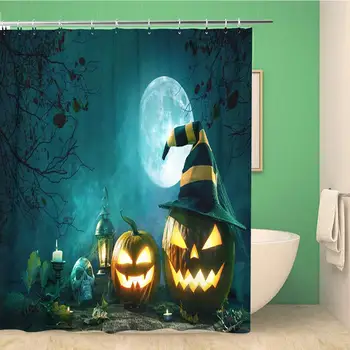 

Bathroom Shower Curtain Blue Halloween Pumpkin Head Jack Lantern Burning Candles Orange Polyester Fabric Waterproof Bath