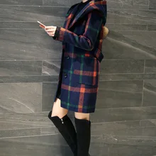 Autumn And Winter New Products England College Style Woolen Jacket Plaid Mid-length Hooded Woolen Overcoat Furry Ball Women