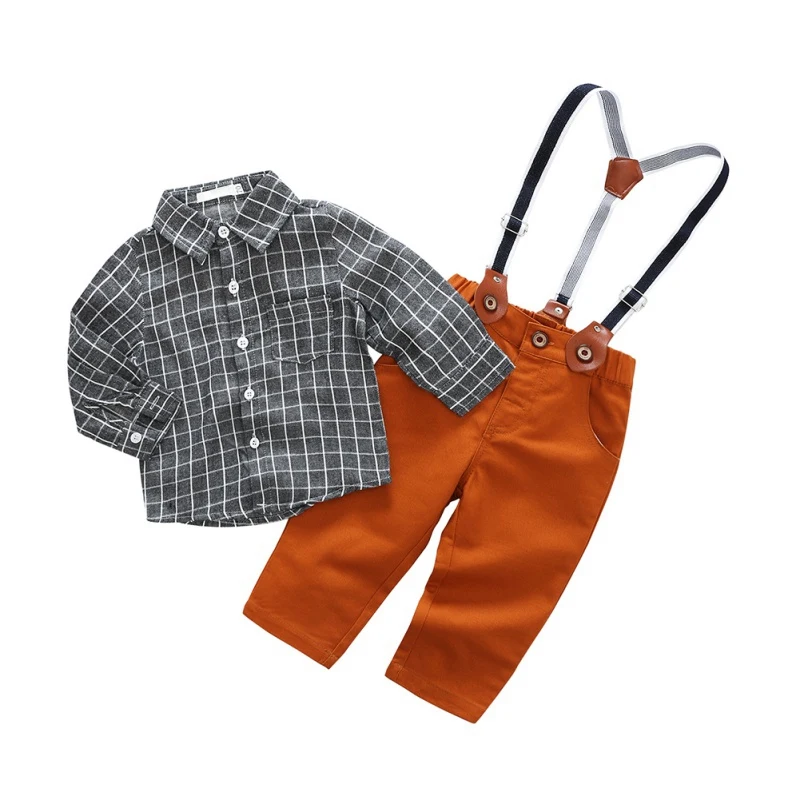Осенний комплект одежды для новорожденных; рубашка в клетку с длинными рукавами для маленьких мальчиков; топы; брюки на подтяжках; комплект одежды для джентльмена