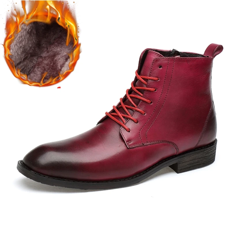Wine red fur Ботинки; мужские теплые зимние ботинки; мужская кожаная обувь; ковбойские водонепроницаемые ботинки; мужские повседневные ботинки в байкерском стиле; Красивая мужская обувь - Цвет: Wine red fur
