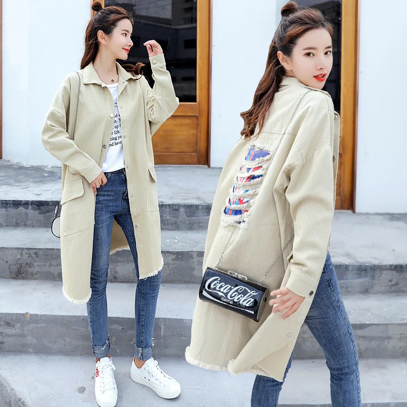 

Photo Shoot 2019 Autumn Clothing New Style Korean-style Mid-length Printed with Holes Jeans Coat WOMEN'S Green Trench Coat