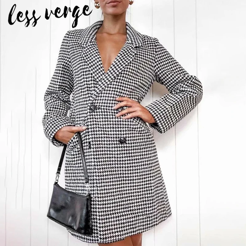 

lessverge Black plaid office lady short dress blazer Long sleeve autumn winter women dress Elegant loose casual dress vestidos