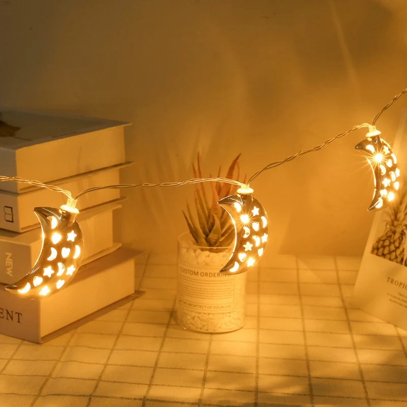 

10 LED Metal Hollow Moon Light String Portable Household Moon Copper Wire Light String Festive Party Supplies Festival Lantern