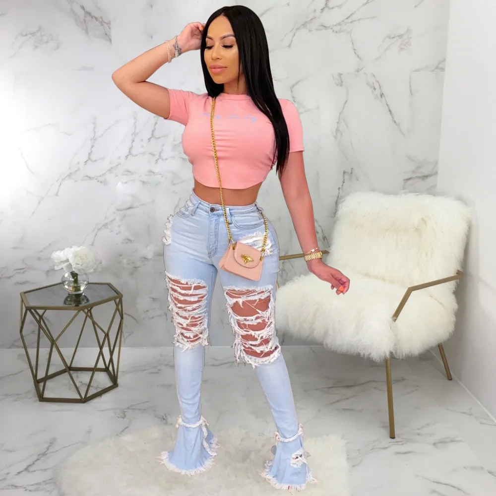 2020 Summer Denim Pants Women Retro Solid Sexy Hole Jeans Ripped Flare Trousers Street Skinny High Waist Lady Pants (3)