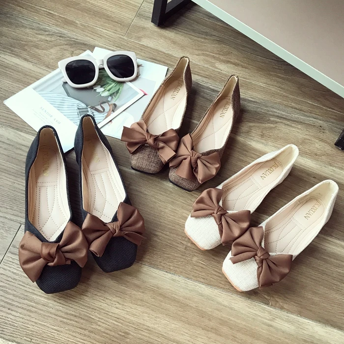 Cloth shallow mouth square head shoes spring and summer new bow flat with flat shoes