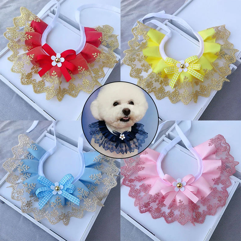 de encaje con cuello redondo para mascotas, Baberos para mascotas, flores blancas, arco doble capa, nudos, collares para perros y gatos, paño de eructo encantador, suministros para mascotas|Collares| - AliExpress