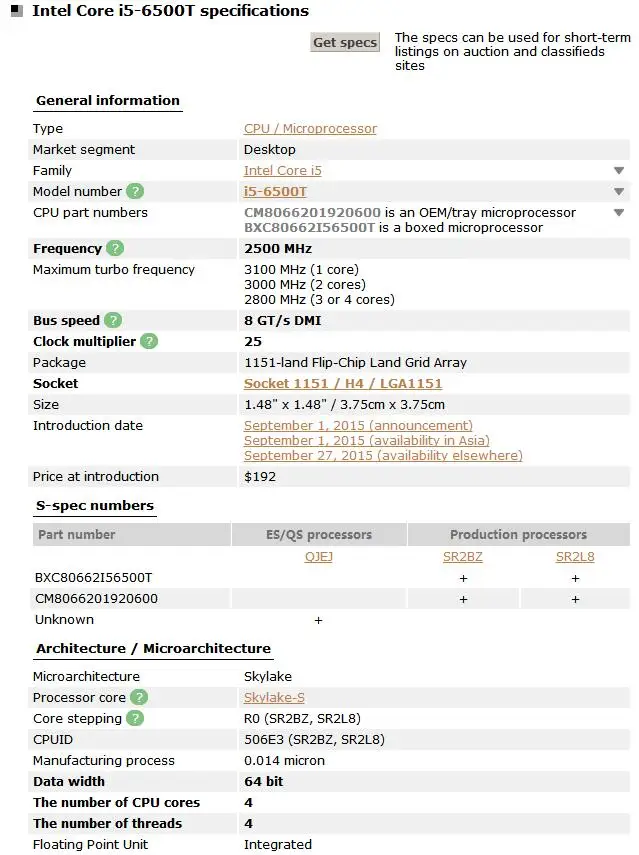 Процессор Core I5 6500T I5-6500T процессор 2,5 ГГц 35 Вт 14 нм четырехъядерный Рабочий стол протестирован на