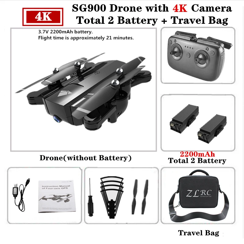4K-2200-Bag2 Радиоуправляемый Дрон SG900 с 720P 4K HD Двойная камера складной следящий за мной Квадрокоптер FPV Профессиональный беспилотник долгий срок службы батареи игрушка для детей - Цвет: 4K-2200-Bag2