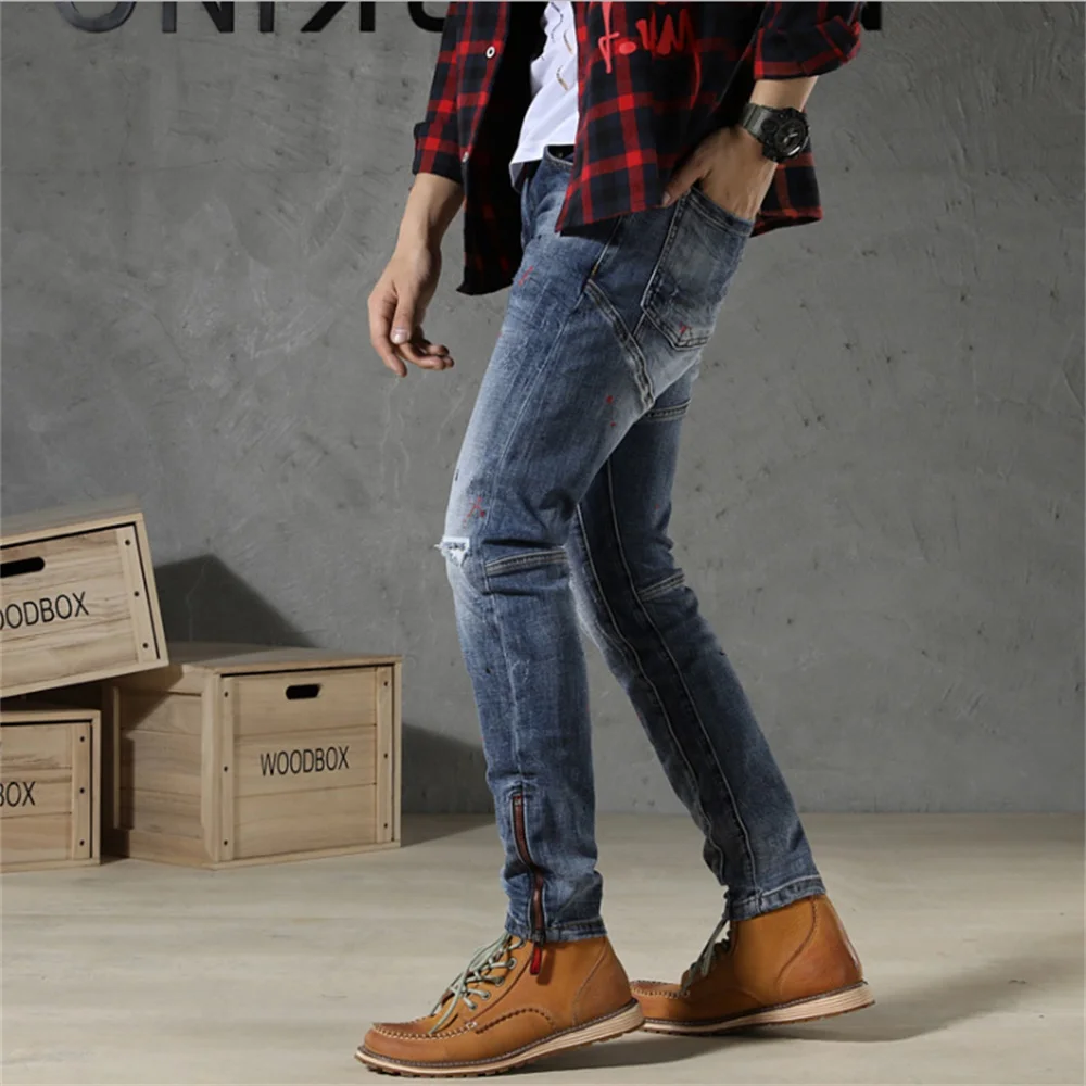 EH·MD® Spliced Ink Paint Jeans Men's Loose Slim Fit Scratched Holes Zipper Calf Pants Breathable Three-dimensional High Stretch