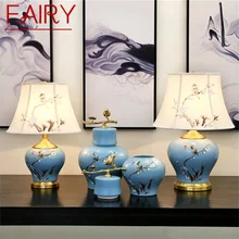 Lampe de Table féerique en céramique, oiseau de luxe bleu, en tissu laiton, lampe de bureau décorative pour la maison, salon, salle à manger, chambre à coucher 