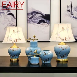 Lámparas de Mesa de cerámica de hadas, luz de escritorio de tela de latón de pájaro de lujo azul, decorativas para el hogar, sala de estar, comedor y dormitorio