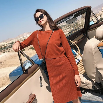 

korea chic solid color sweater dress sets 2 piece set spaghetti strap mini dress knitted pullover sweater women suit N887