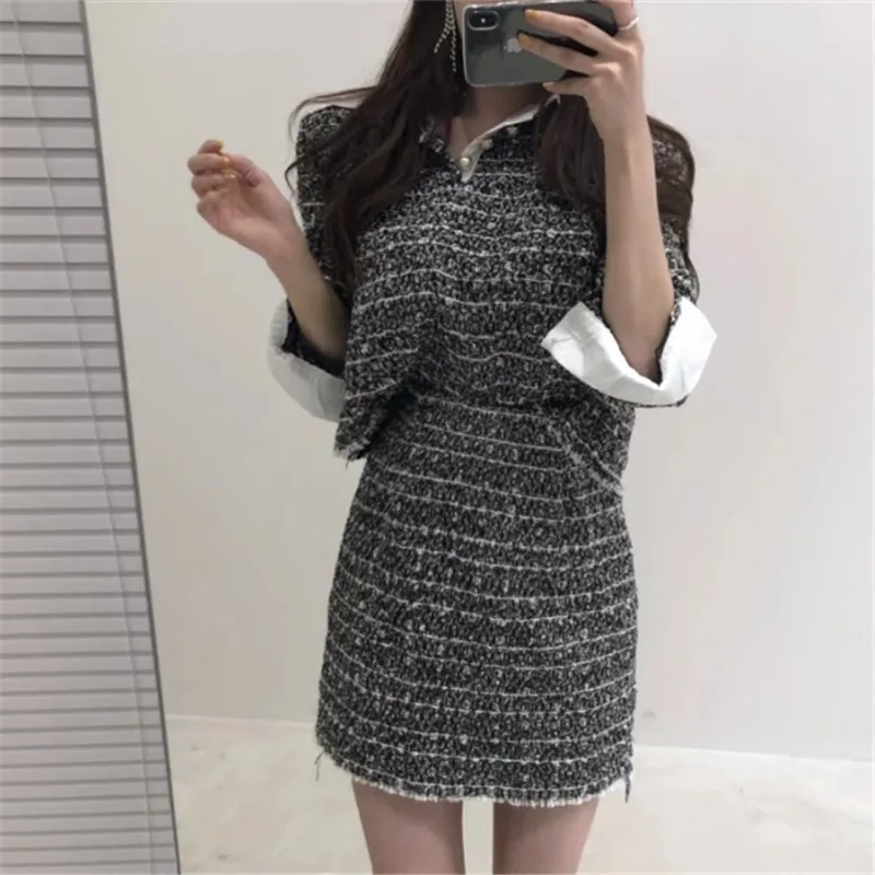 

Korean-style CHIC Retro Romantic Tweed Joint Tops + High-waisted Sheath Short Skirt Two-Piece Set Women's