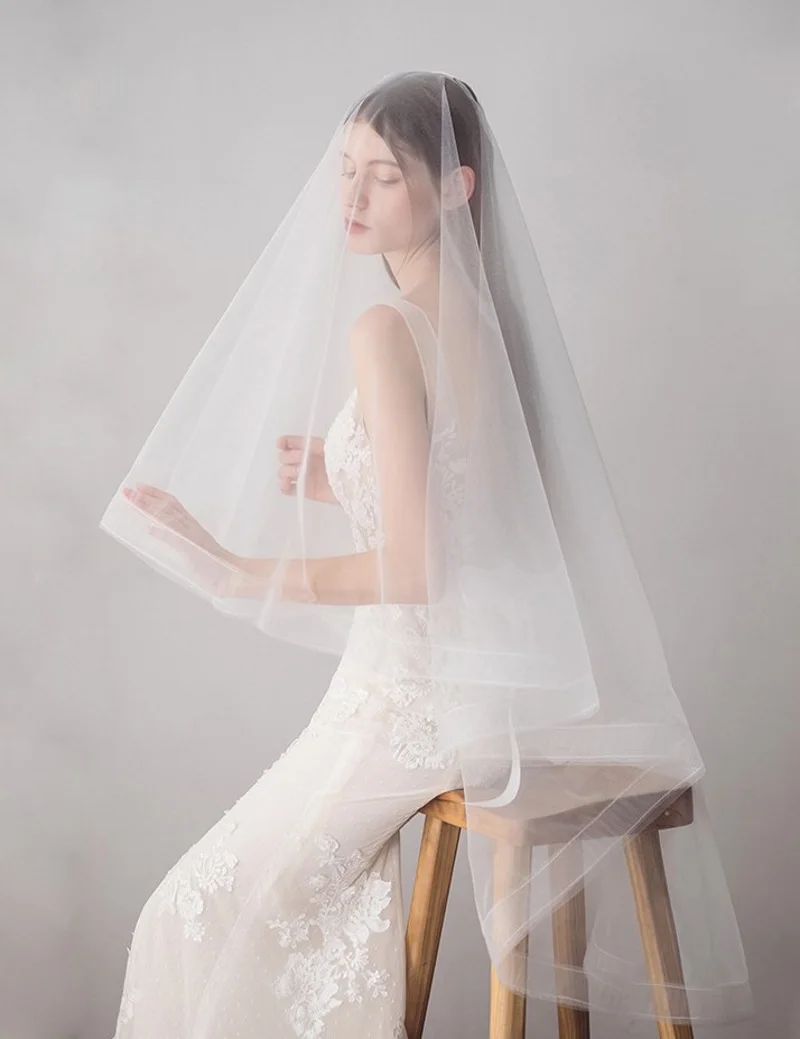 V001European And American Atmospheric Yarn Edge Elastic Mesh Long Bridal Veil Knot Wedding Ornaments Bridal Veil