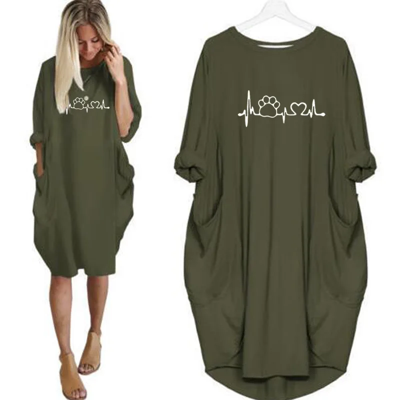 

2019 New Fashion Cat Footprint ECG Printed Women's Leisure Loose Size Pocket Long Sleeve Dress