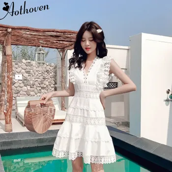 

2019 Summer Lace Patchwork Ruffles Sexy Party Dresses Sleeveless V Neck Women Office Dress Bandage Lady Bodycon Vacation Dress