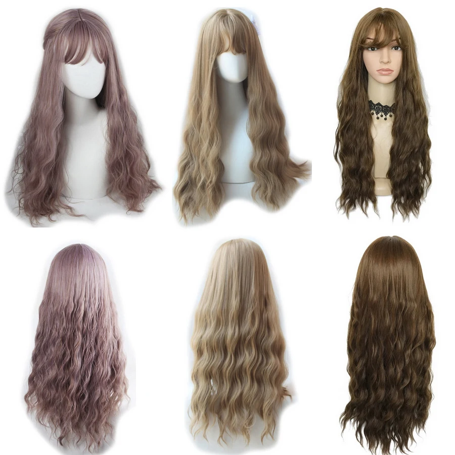 Achat Yiyaobess 65cm longues perruques ondulées avec frange résistant à la chaleur cheveux synthétiques noir lin brun violet lumière doré perruque livraison gratuite