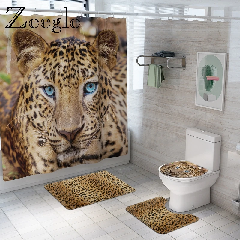 Vivid Tiger Printed Bath Mat and Shower Curtain Set Bathroom Rugs Toilet Lid Cover Bathroom Carpet Waterproof Shower Curtain