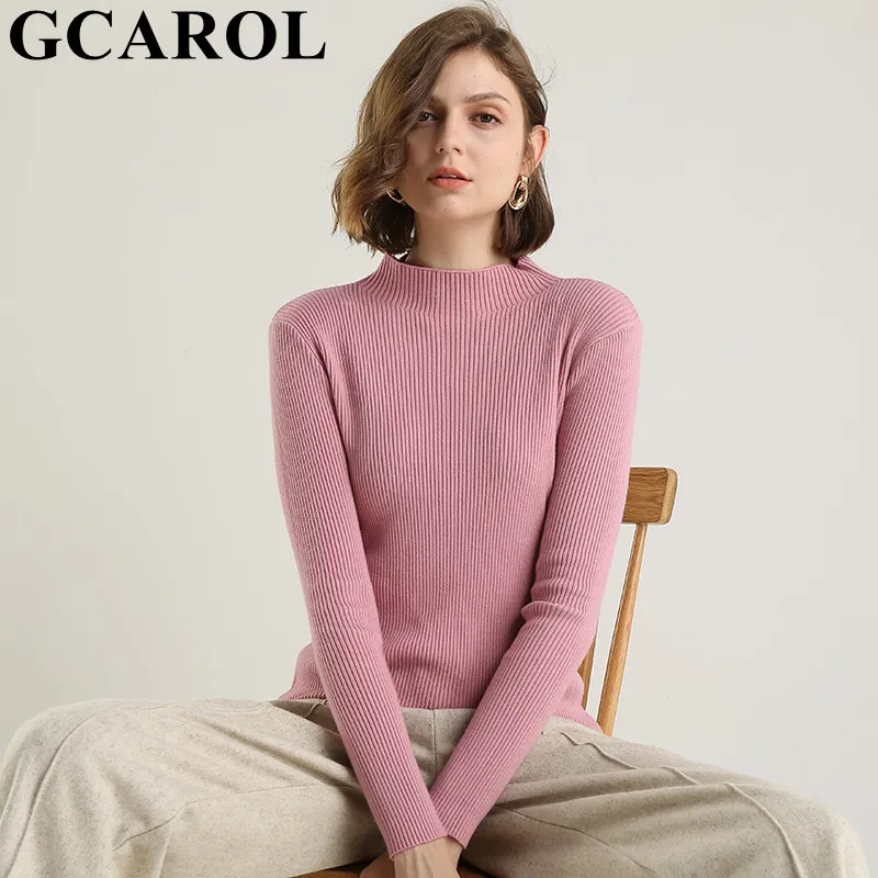 GCAROL New Fall Winter Women Half High Collar 30% Wool Sweater Stretch Tight Fit Short Knitting Jumper OL Render Knit Knitwear