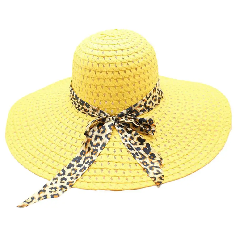 Women Leopard Print Big Brim Straw Hat Sun Floppy Wide Brim Hats Beach Cap Fashion Embroidery Baseball Caps Men Women Snapback