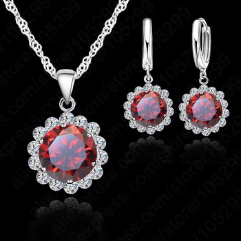 

7 Colours Women Wedding Engagement Flower Jewelry Set 925 Sterling Silver Cubic Zircon Necklace Pendant/Earrings Set