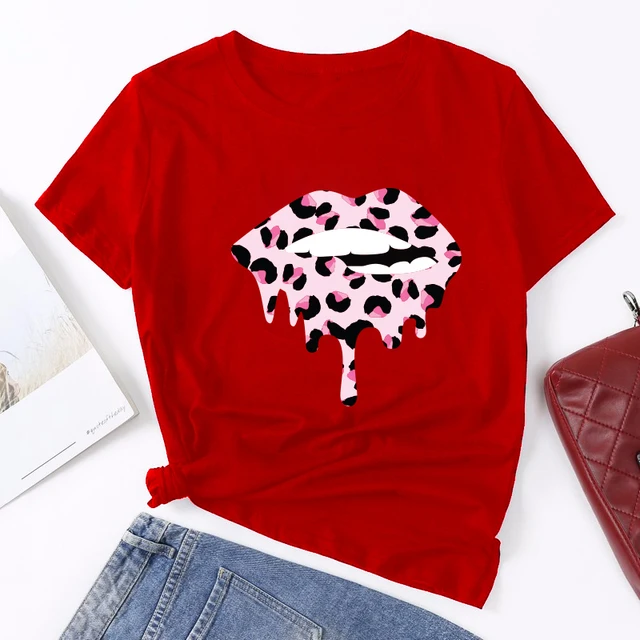 Summer Fashion Shirt Lips Leopard Graphic T Shirt Women Harajuku Tops  O-neck 4 colors Tee Kiss Lip Funny Girls  T-shirt Lips 5 Red