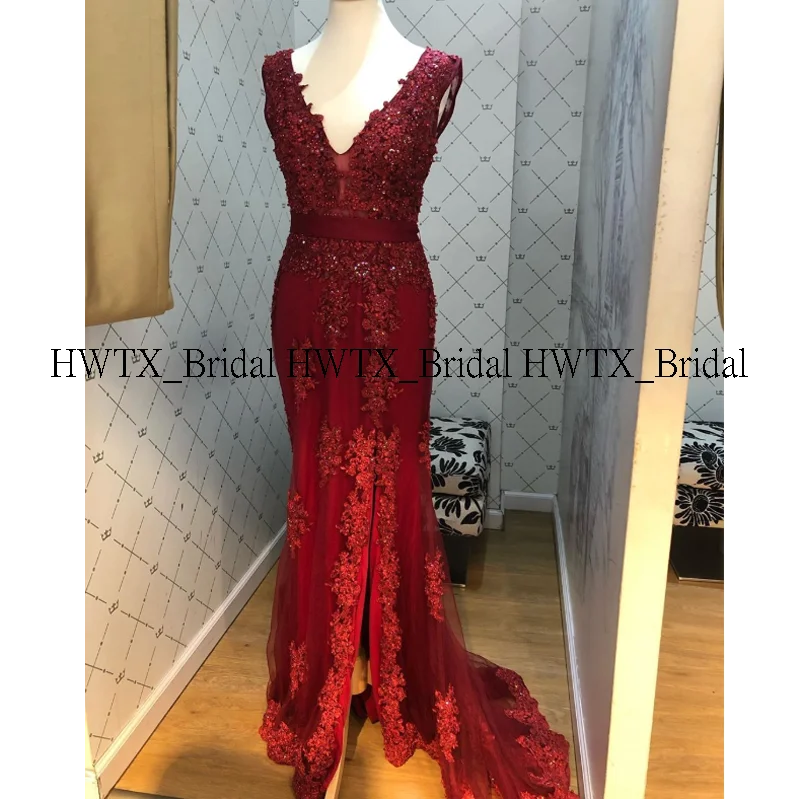 HWTX_Bridal бордовое кружевное вечернее платье с v-образным вырезом, сексуальные длинные тюлевые платья для выпускного вечера, Vestidos de fiesta de noche