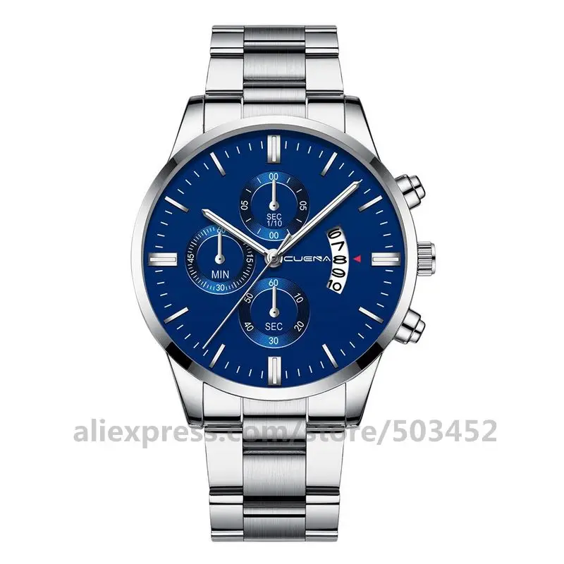 silver blue 100 шт./лот CUENA 6801 три глаза модные мужские часы календарь из нержавеющей стали бизнес часы Аналоговые Дата часы наручные часы - Цвет: silver blue