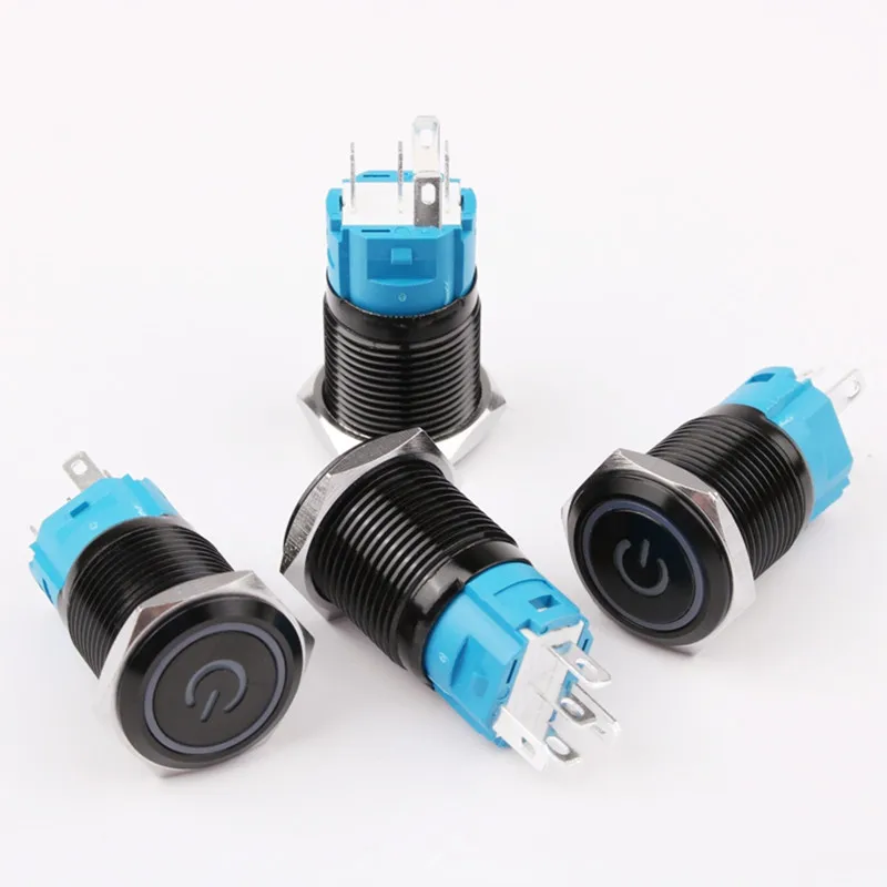 Black Button Switch 16mm Waterproof LED Power Marking Lamp Metal Flat Head Instantaneous/Lock Switch Self-locking/Self-resetting
