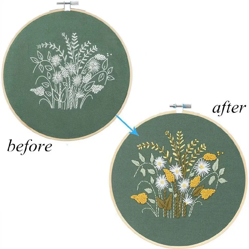 DIY Flowers Plants Pattern Embroidery Kit Needlework Tools Printed Embroidery Fabric Round Kit DIY Sewing Craft