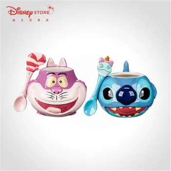 

Disney Fashion Cute Cartoon Stitch Cheshire Cat Mug Cup Large Capacity Ceramic Cup With Spoon Coffee Mug X4697