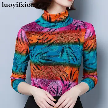 

Women Blouses Long Sleeve Fashion Print Lace Blouse Women Shirts Turtleneck Slim Plus Size Mesh Ladies Tops Casual Blusas Mujer