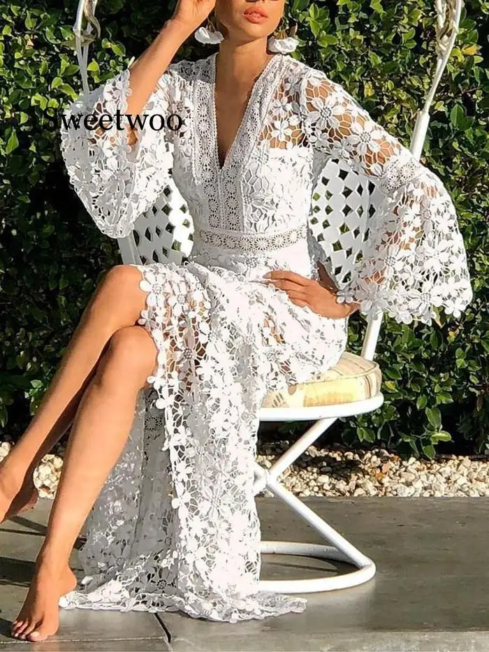 plus size sweat suits Women Dresses White Lace Dress Flare Sleeve V-neck Hollow Out Long Sleeve Plus Size Sexy Long Dresses 2020 Party Vestido de novi red jogging suit Suits & Blazers