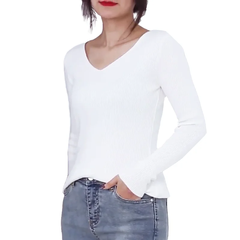 Autumn V Neck Sweater Women Winter Knitted Slim Back V-neck Pullover Tops Casual Long Sleeve Knitting Stretch Sweater Pull Femme