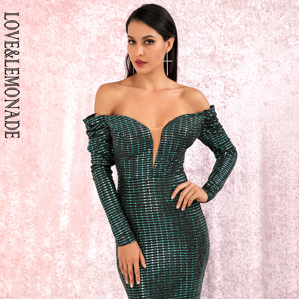 Женское вечернее платье макси LOVE & LEMONADE зеленое Композитное облегающее с