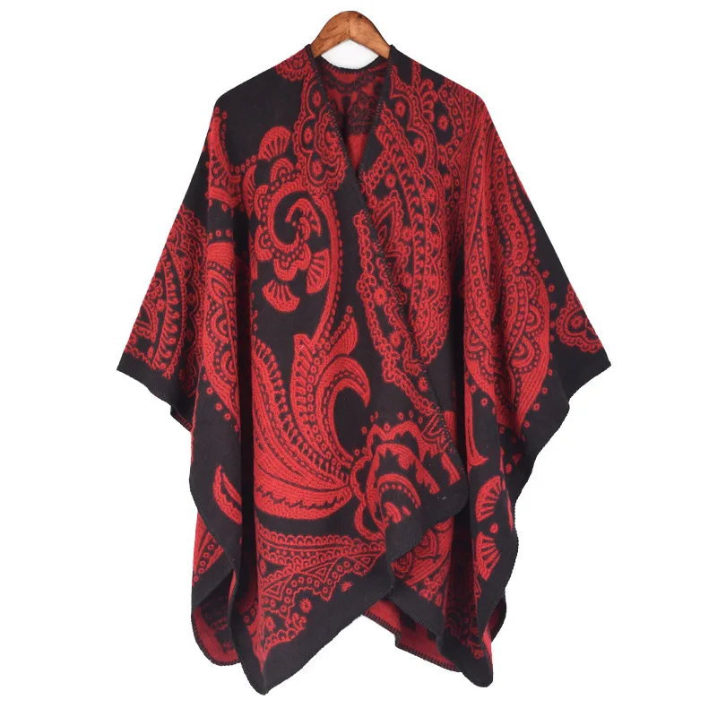 Dark Red OMEA Женское зимнее пончо с цветочным принтом, утолщенный кашемировый шарф, одеяло, шарф, зимние аксессуары, пончо и накидка для женщин, осень - Цвет: Dark Red