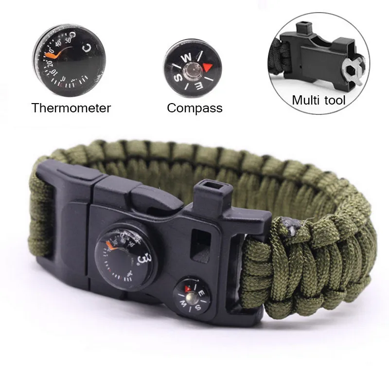

Multi-functional Paracord Survival Bracelet Camping Outdoor Survival Gear Whistle Lifesaving Compass Thermometer Umbrella Rope