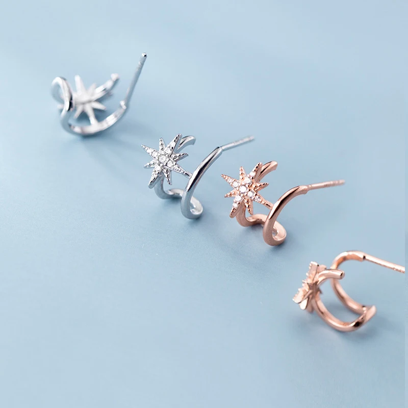 

Real 925 Sterling Silver Shiny Star C Shape Stud Earrings Double Layered Curved Stud Earring for Women Fine Jewelry