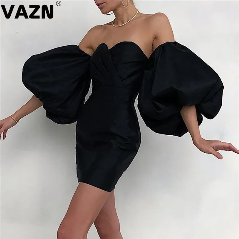VAZN популярное сексуальное Клубное необычное модное однотонное платье без бретелек с коротким пышным рукавом и открытой спиной для девушек с высокой талией тонкое мини-платье