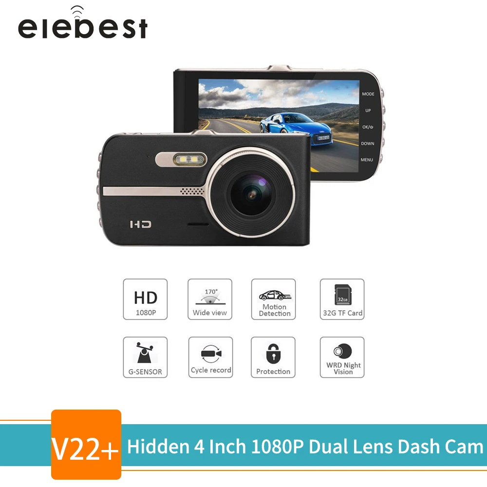 Скрытый видеорегистратор elebest Автомобильный с 4 дюймовым IPS экраном FHD 1080P двумя