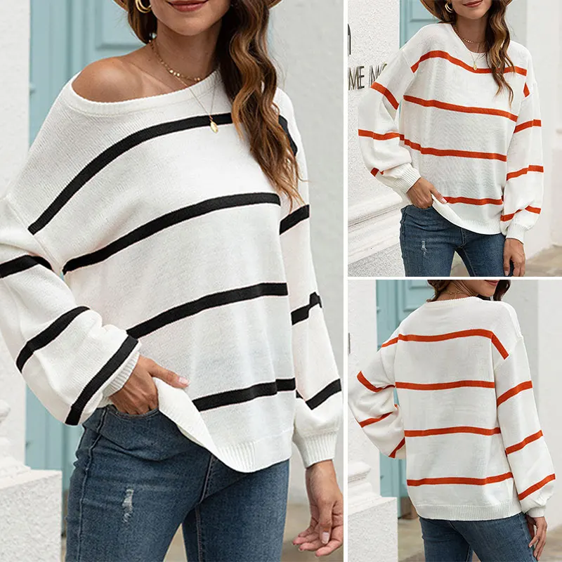 

Autumn and Winter Sweater Women's New Round Neck Off-The-Shoulder Striped Color-Block Pullover Sweaters