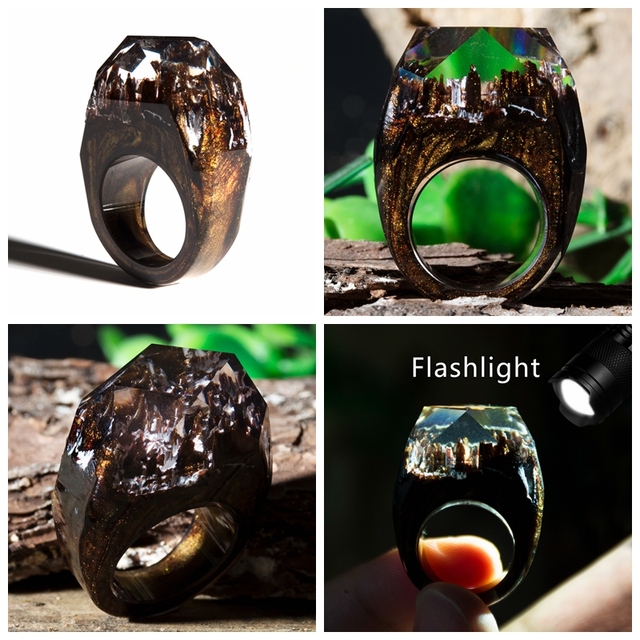 Fashion Wood Resin Ring Female Forest Handmade Rainbow Star Secret Sky Micro Landscape Wooden Ring High Quality Jewelry