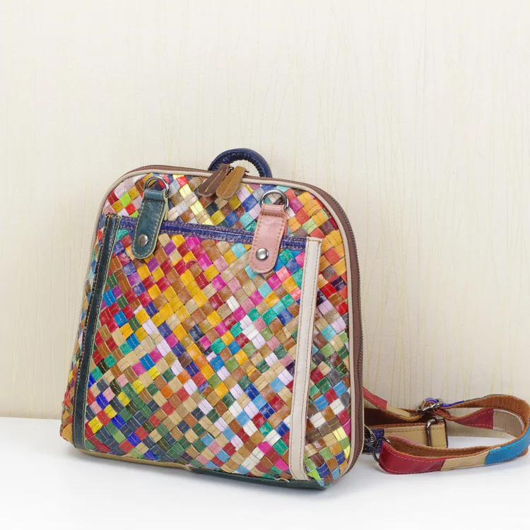 

Cross Border a Generation of Fat Factory Genuine Leather Stripes Colorful Hand-woven Backpack Characteristics Ethnic-Style Multi
