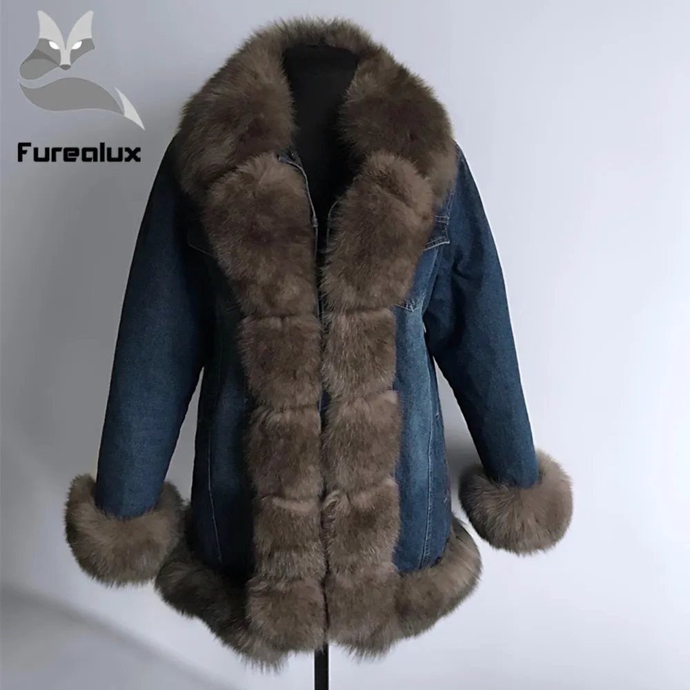 Furealux джинсовая парка, пальто с натуральным мехом, зимняя куртка для женщин, пальто из натурального Лисьего меха, толстая теплая меховая парка, куртка из натурального меха