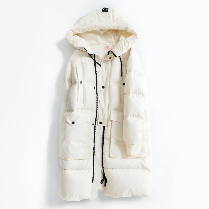 Женская парка с капюшоном, длинное белое пуховое пальто, плотное теплое пальто большого размера, Свободное пальто, яркая куртка-пуховик, зимняя верхняя одежда