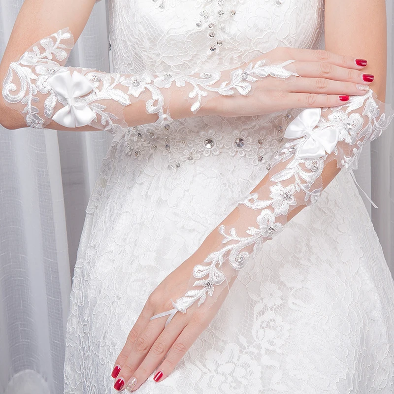 guantes de novia Woman's Lace Long Gloves With Bow Beaded Elbow Length Cheap Wedding Bridal Gloves Fingerless Bride Accessories