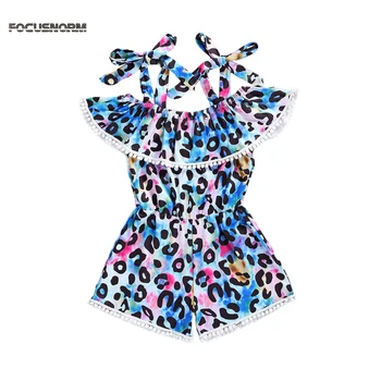 

FOCUSNORM 1-6Y Summer Infant Baby Girls Tie-Dye Printed Rompers Leopard Tassel Ruffles Short Sleeve Overalls Jumpsuits